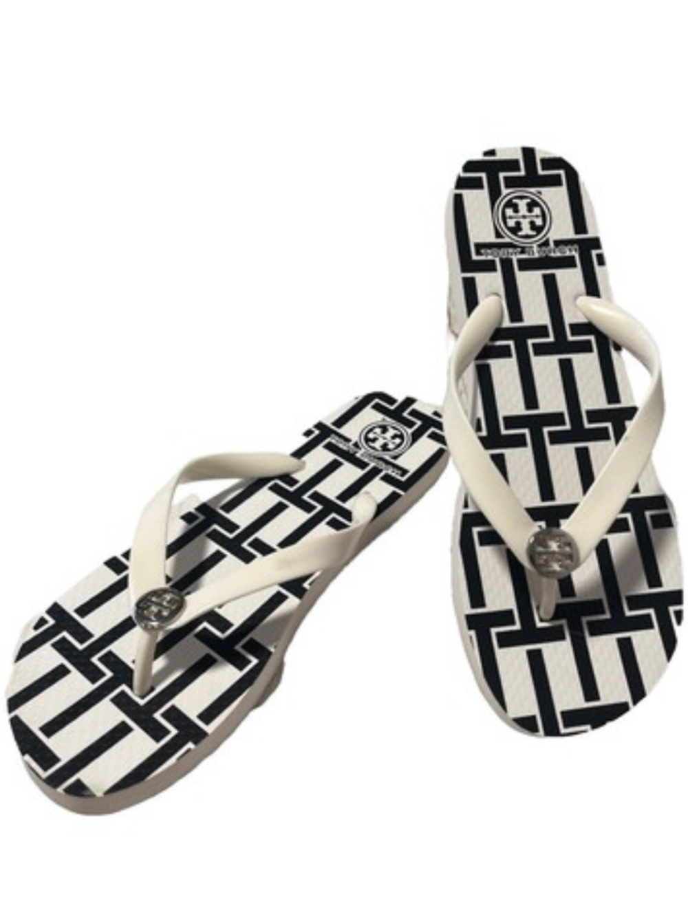 Tory Burch Black & White Logo-Print Flip Flop Sandals